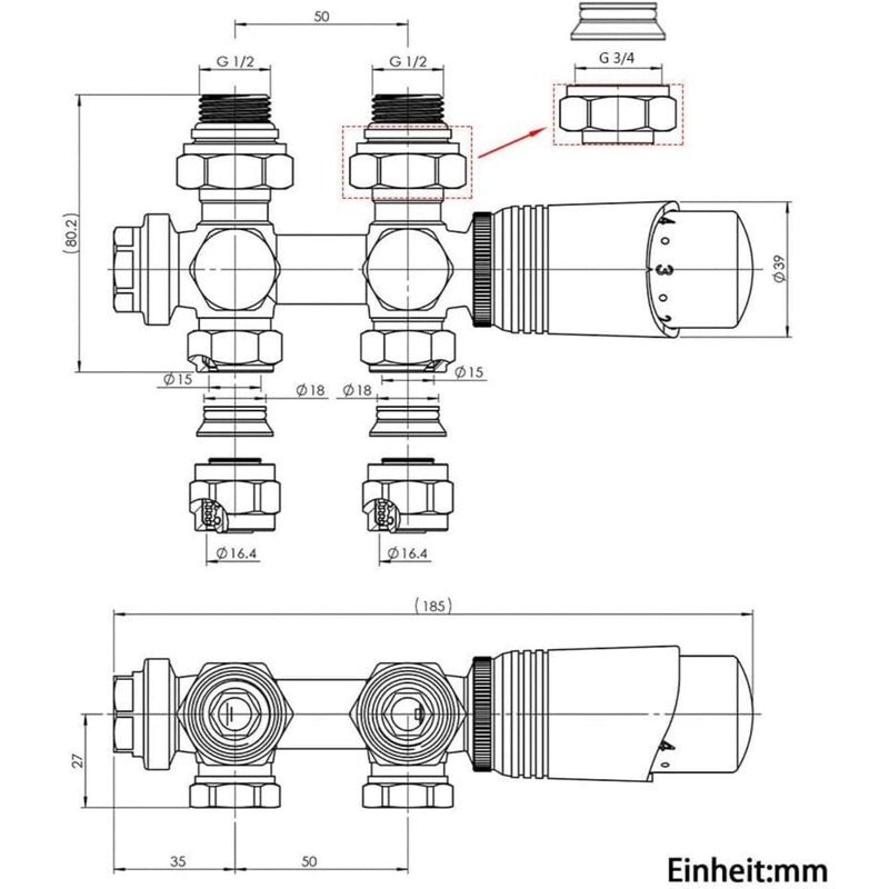 Messing Heizkörper Ventilset Weiß mit Thermostat – 1/2" & 3/4" Anschlüsse