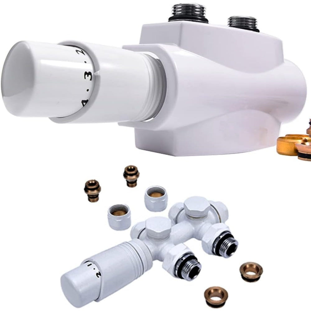 Witte messing radiatorkraan-set met thermostaat – 1/2" & 3/4" aansluitingen