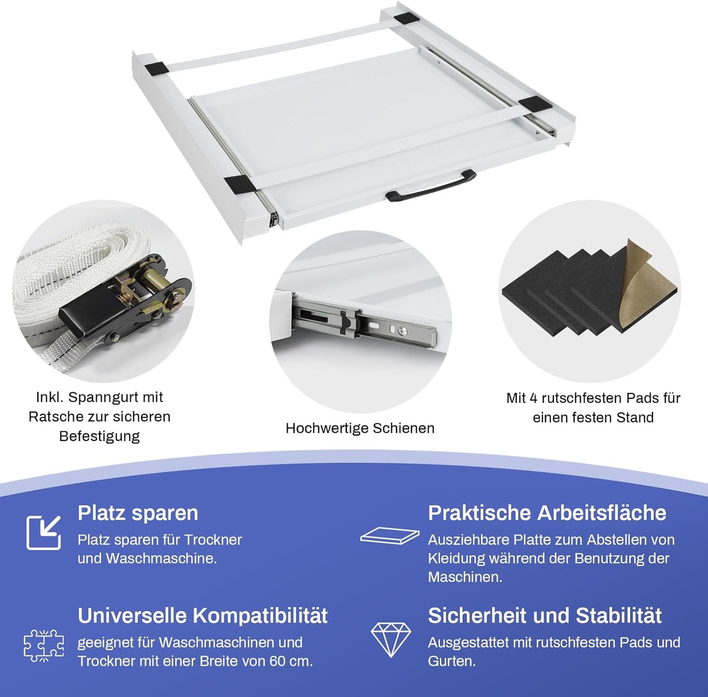 Metall Verbindungsrahmen mit Ausziehplatte Verdickte Zwischenbaurahmen für Waschmaschine inkl. Zurrgurt
