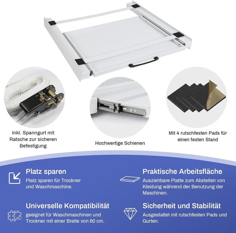 Metall Verbindungsrahmen mit Ausziehplatte Verdickte Zwischenbaurahmen für Waschmaschine inkl. Zurrgurt
