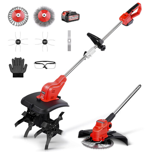 Multifunktionales Gartenwerkzeug – Bodenhacke & Rasentrimmer 980W/800W, 5 - in - 1 Zubehör, Akku 21V, Leicht & Vielseitig für Gartenpflege