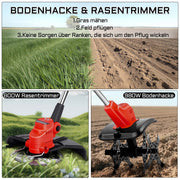 Multifunktionales Gartenwerkzeug – Bodenhacke & Rasentrimmer 980W/800W, 5 - in - 1 Zubehör, Akku 21V, Leicht & Vielseitig für Gartenpflege
