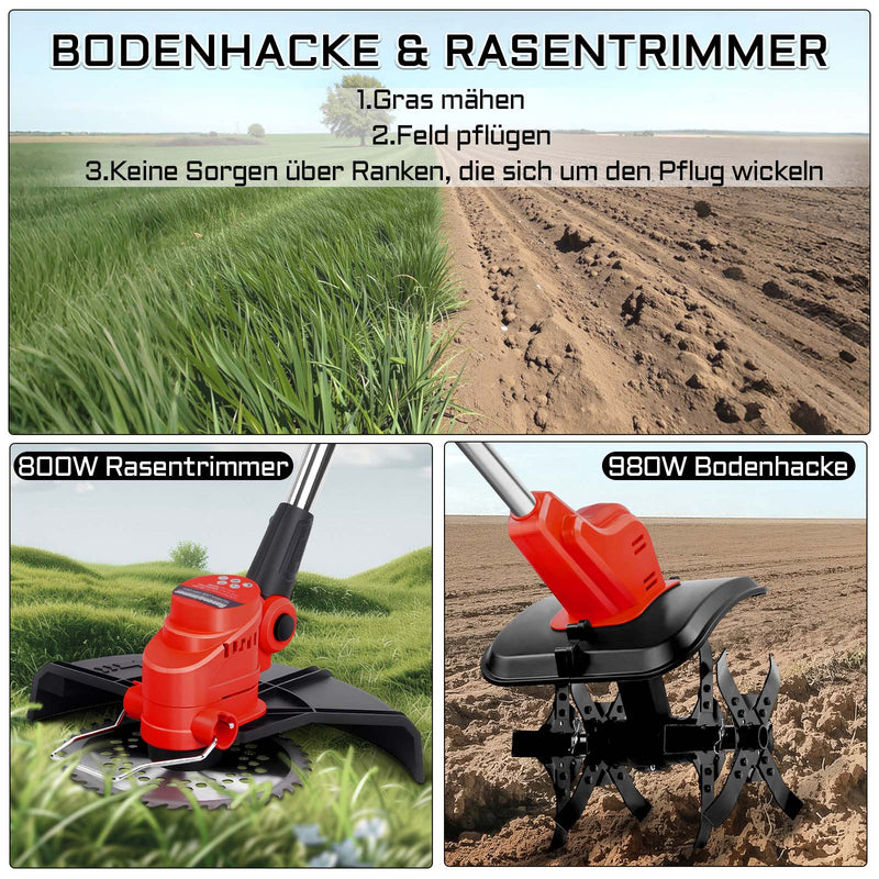 Multifunktionales Gartenwerkzeug – Bodenhacke & Rasentrimmer 980W/800W, 5 - in - 1 Zubehör, Akku 21V, Leicht & Vielseitig für Gartenpflege