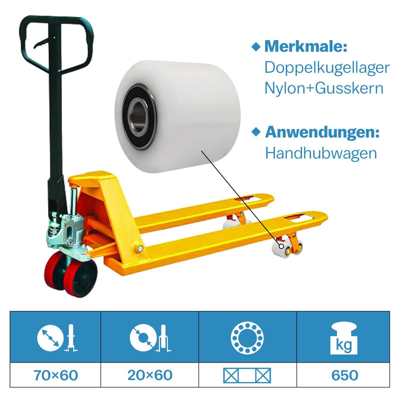 Nylonräder 4er - Set für Handhubwagen 70x60 mm – Bodenschonend, Leise, Tragfähigkeit 650 kg – Ersatzräder für Gabelhubwagen