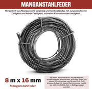 Ø 16 mm + 8 m Federspirale für Rohrbreite 32 bis 100 mm für Rohrreiniger