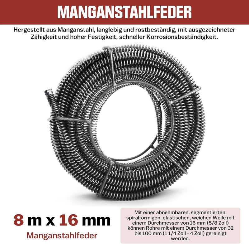 Ø 16 mm + 8 m Federspirale für Rohrbreite 32 bis 100 mm für Rohrreiniger