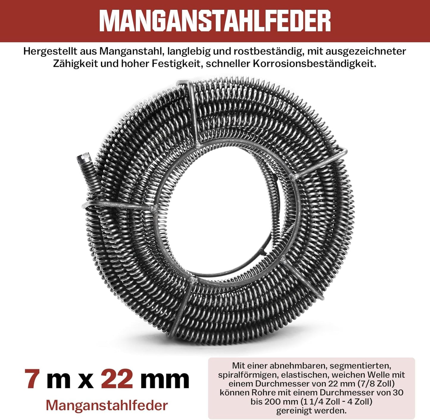 Ø 22 mm + 7 m Federspirale für Rohrbreite 30 bis 200 mm für Rohrreiniger
