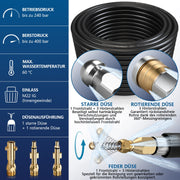 Professioneller Hochdruck - Rohrreinigungsschlauch mit 3 Messingdüsen – kompatibel mit Kärcher, Bosch & Parkside Hochdruckreinigern bis 240 bar