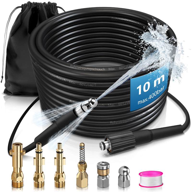 Professioneller Hochdruck - Rohrreinigungsschlauch mit 3 Messingdüsen – kompatibel mit Kärcher, Bosch & Parkside Hochdruckreinigern bis 240 bar