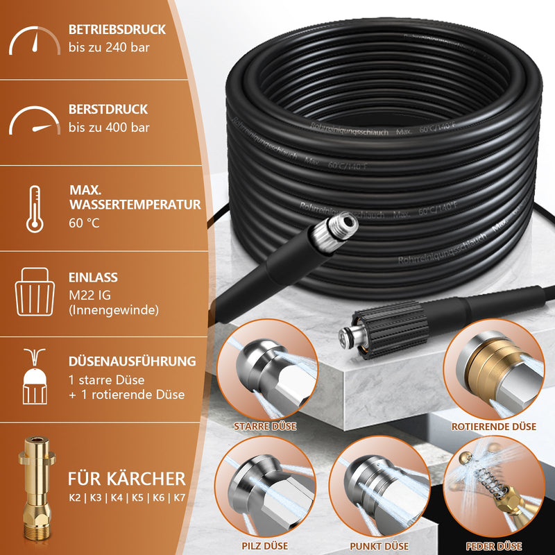 Professioneller Hochdruck - Rohrreinigungsschlauch mit 3 - Schichten - System und 5 Düsen für Kärcher K2 - K7 Hochdruckreiniger, bis 400 bar Betriebsdruck