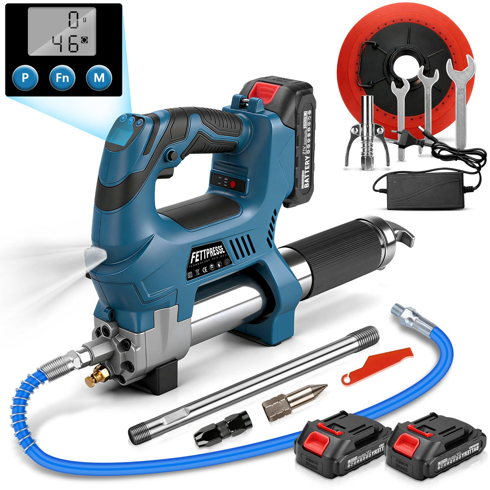 Pro-grade cordless grease gun, 15000 PSI with digital flow meter | complete set incl. 2 batteries & case