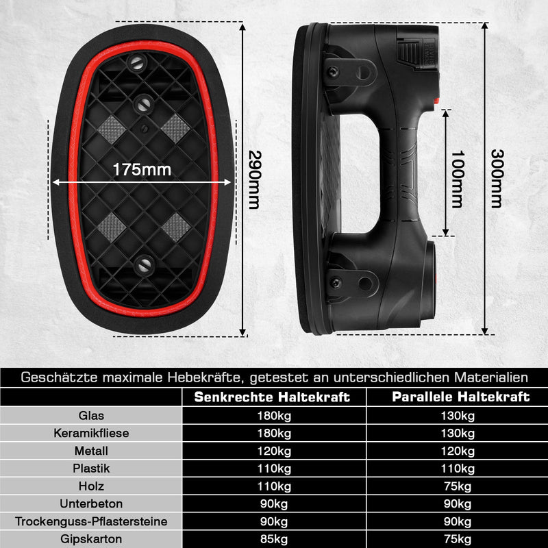 Profi Akku - Vakuum - Hebegerät mit 2 Akkus | 120 kg Traglast | Elektrischer Saugheber für Fliesen & Glas | Komplett - Set