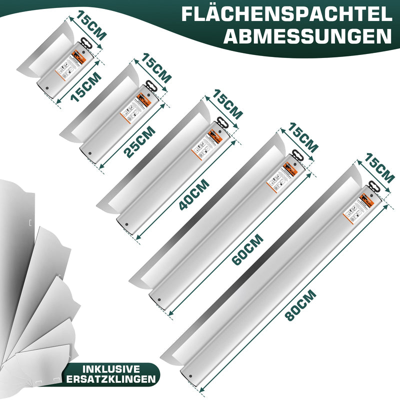 Profi Flächenspachtel Set mit Teleskopstange | 5 Größen (15 - 80cm) & 5 Ersatzklingen im Koffer