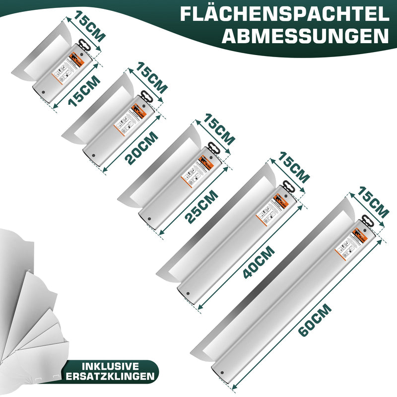 Profi Flächenspachtel System (21 - tlg.) | 5 Größen, Teleskopstange, 5 Ersatzklingen & Koffer