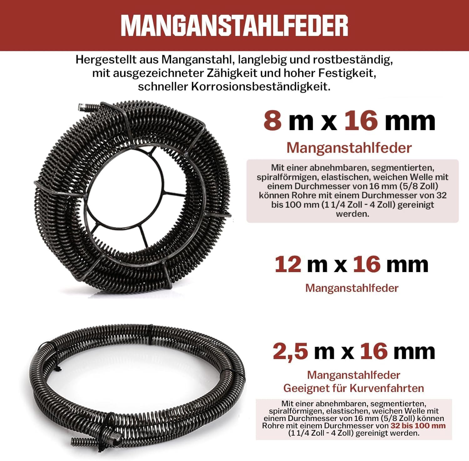 Rohrreiniger 390W mit 16mm 33M Spirale, Ø20 - 100mm Rohrreinigungsmaschine