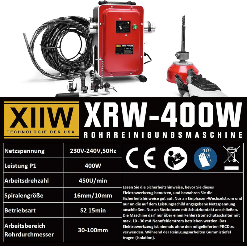 Rohrreiniger 400W mit FI - Schalter, 37M Spirale, Ø30 - 100mm Rohrreinigungsmaschine