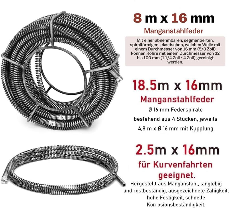 Rohrreiniger 500W mit 16mm 29M Spirale, Ø30 - 100mm Rohrreinigungsmaschine