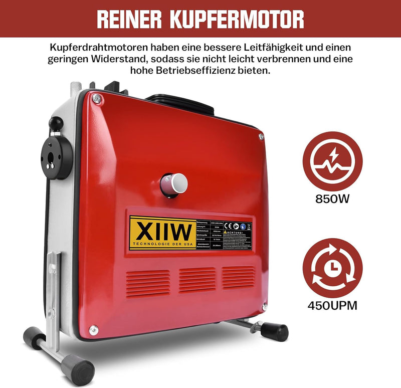 Rohrreinigungsmaschine 850W Set, Ø20 - 200mm Rohrleitungen, Spiralen 21/14,5/5m, 12 Köpfe, 450U/min
