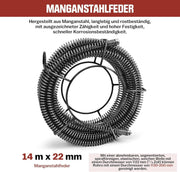 Rohrreinigungsmaschine 850W Set, Ø20 - 200mm Rohrleitungen, Spiralen 21/14,5/5m, 12 Köpfe, 450U/min