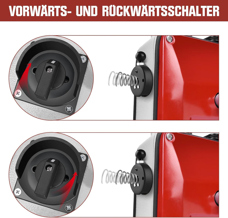 Rohrreinigungsmaschine 850W Set, Ø20 - 200mm Rohrleitungen, Spiralen 28/14,5/5m, 12 Köpfe