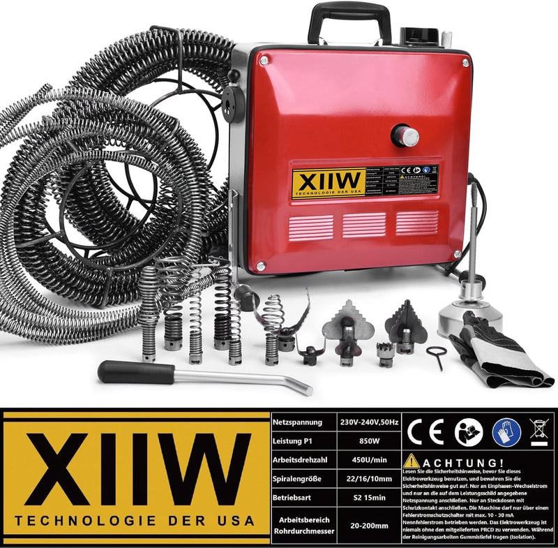 Rohrreinigungsmaschine 850W Set, Ø20 - 200mm Rohrleitungen, Spiralen 28/14,5/5m, 12 Köpfe