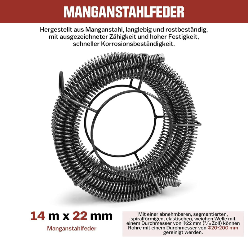 Rohrreinigungsmaschine 850W Set, Ø20 - 200mm Rohrleitungen, Spiralen 28/14,5/5m, 12 Köpfe