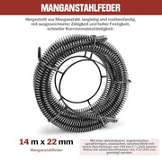 Rohrreinigungsmaschine Federspirale Ø22mm, Gesamtlänge 14m, Rohrbreite: Ø 30 - 200 mm