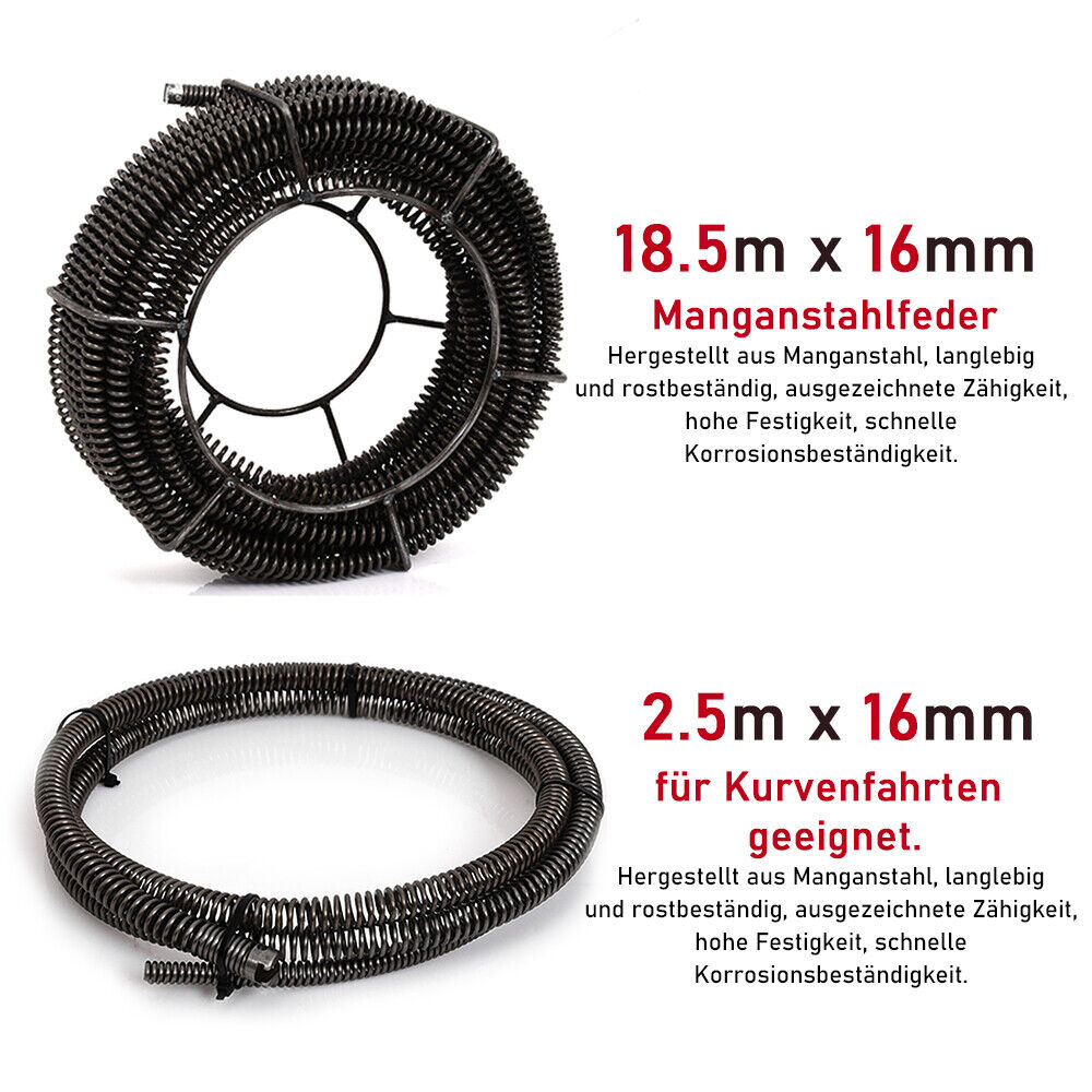 Rohrreinigungsmaschine Federspirale Ø16mm x 18.5m + Ø16mm x 2.5m