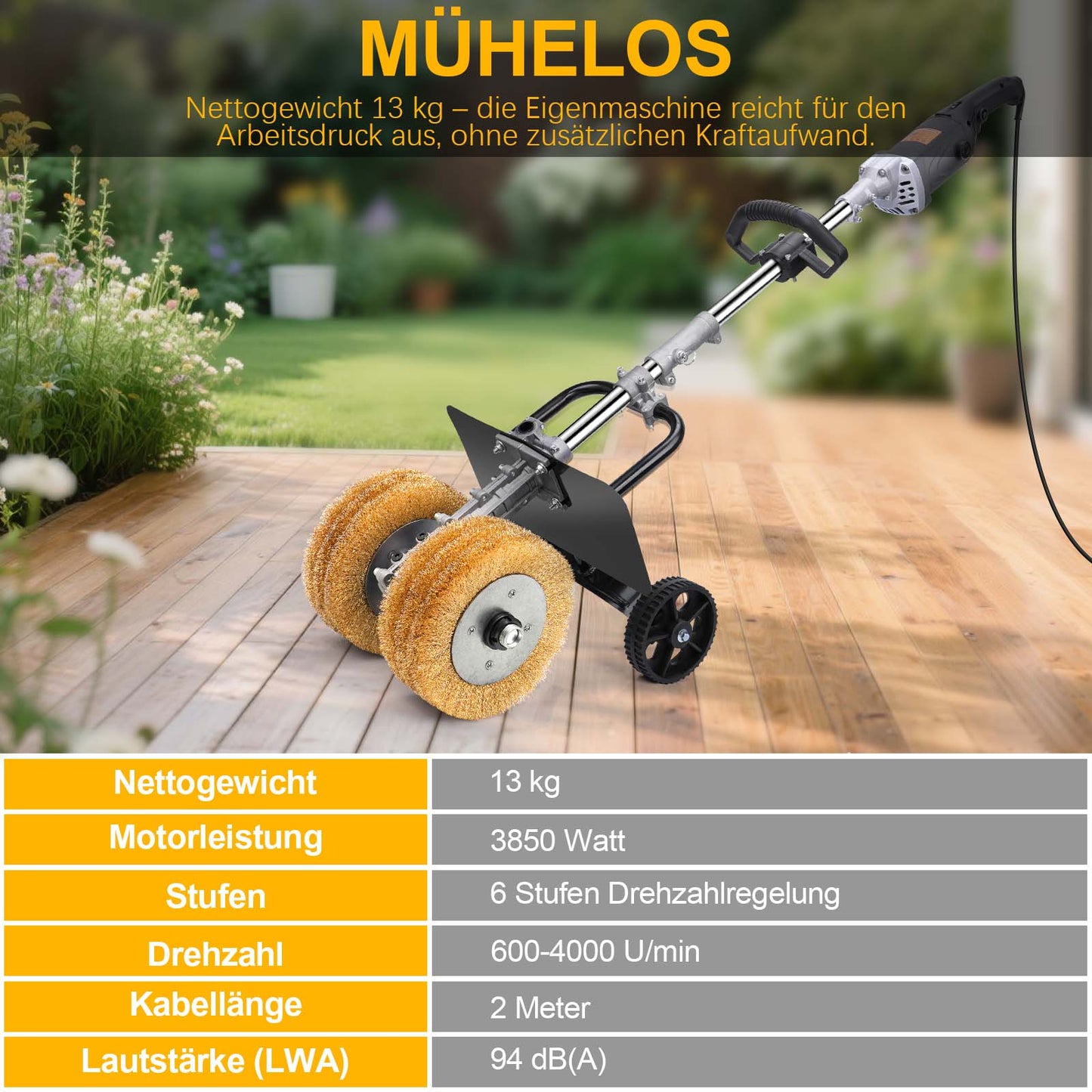 Satiniermaschine 3850W – 6 - in - 1 Schleifmaschine für Holz, Metall, Stein & Fliesen mit Stahlbürsten