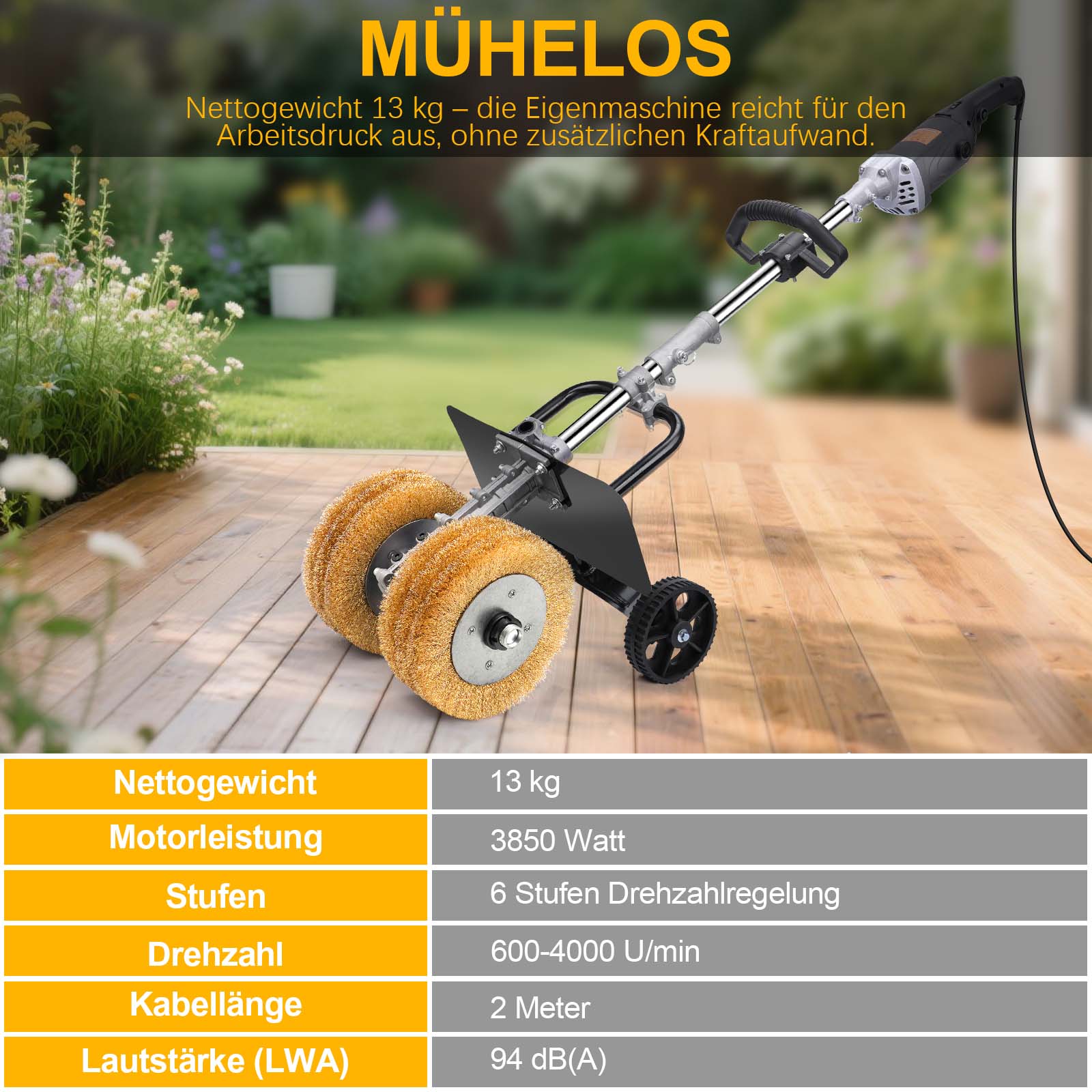 Satiniermaschine 3850W – 6 - in - 1 Schleifmaschine für Holz, Metall, Stein & Fliesen mit Stahlbürsten