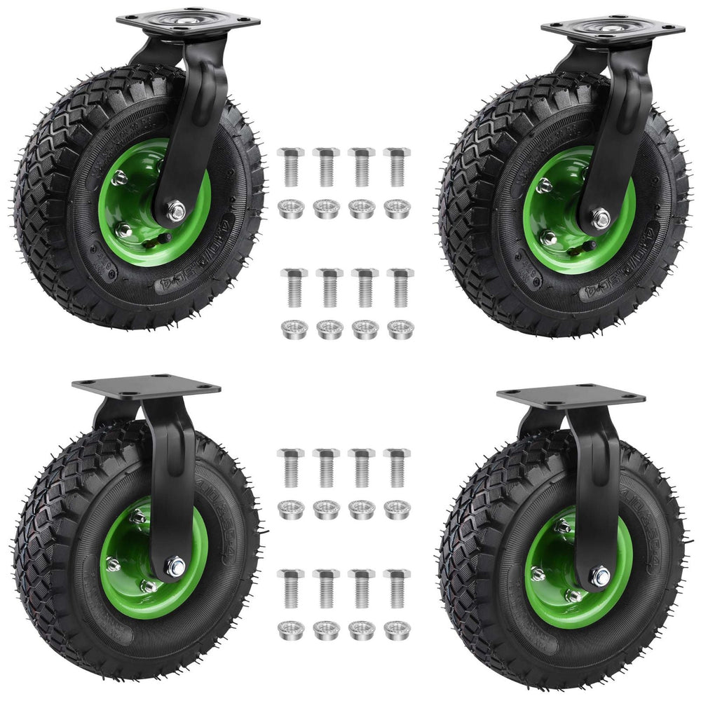 Sæt med 4 kraftige hjul – 2× 360° drejehjul + 2× faste hjul, luftfyldte 250 mm, massiv gummi, terrængående til arbejdsbænk og vogn