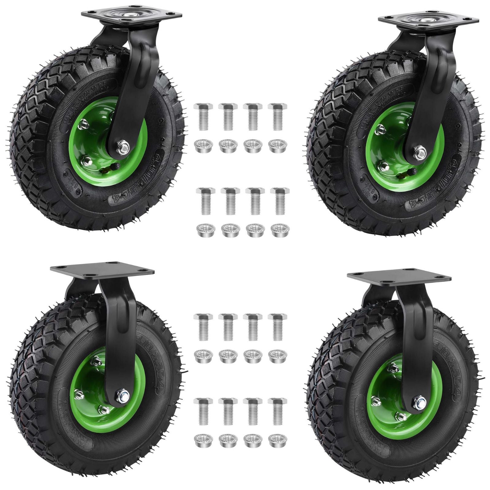 Schwerlast Rollen Set 4 Stück – 2× 360° Lenkrollen + 2× Bockrollen, luftgefüllt 250 mm, Vollgummi, geländegängig für Werkbank & Wagen