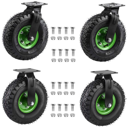 Schwerlast Rollen Set 4 Stück – 2× 360° Lenkrollen + 2× Bockrollen, luftgefüllt 250 mm, Vollgummi, geländegängig für Werkbank & Wagen