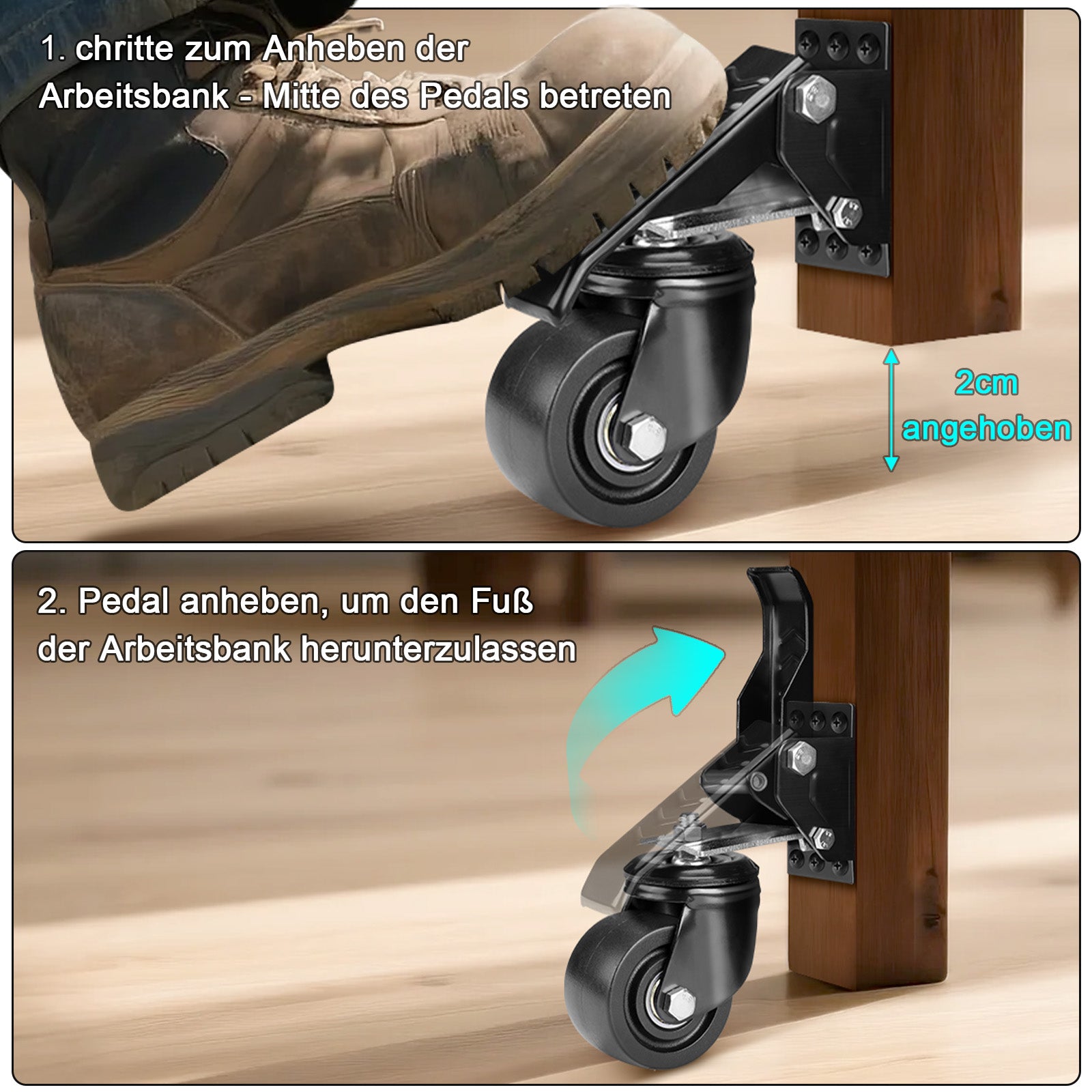 Schwerlastrollen absenkbar für Werkbank – 250kg Traglast, 75mm，360° Drehbar, Pedalmechanismus, Rutschfeste Fußpedale