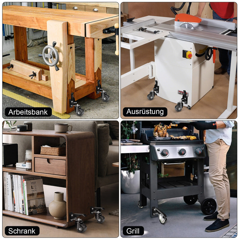Schwerlastrollen absenkbar für Werkbank – 250kg Traglast, 75mm，360° Drehbar, Pedalmechanismus, Rutschfeste Fußpedale