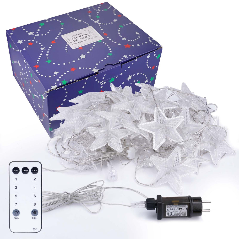 Catena luminosa a stelle 2 m, 144 LED, bianco caldo, 8 modalità, timer, IP44, per interno e esterno