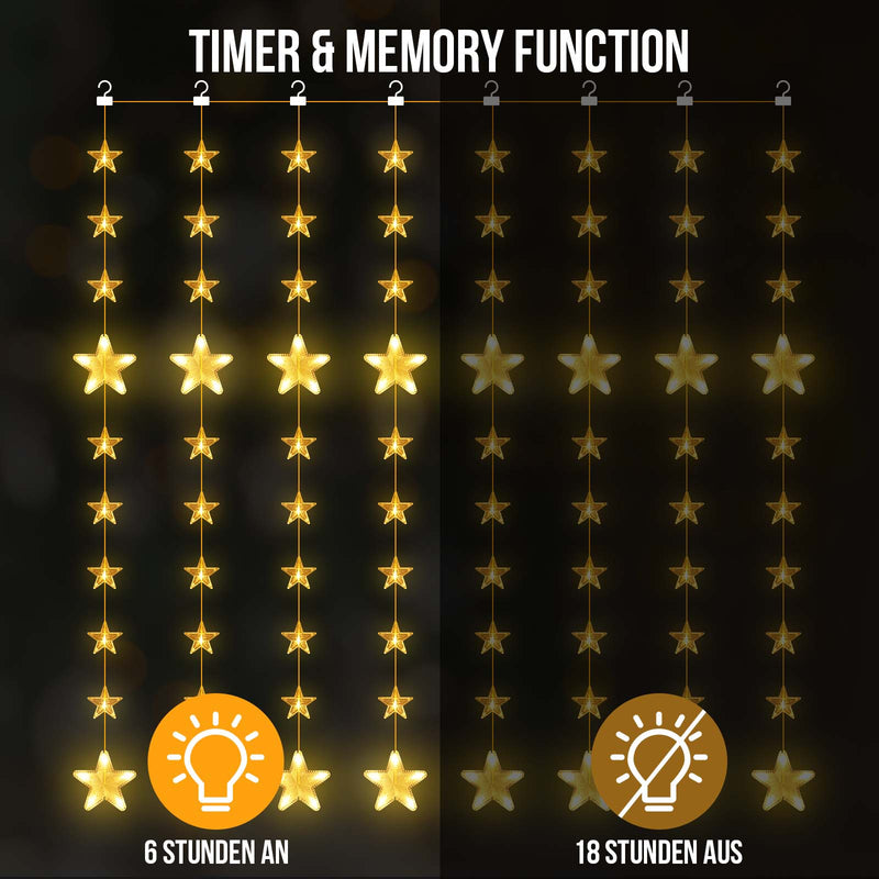 Sterne Lichterkette 2 m, 144 LEDs, Warmweiß, 8 Modi, Timer, IP44, für Innen & Außen