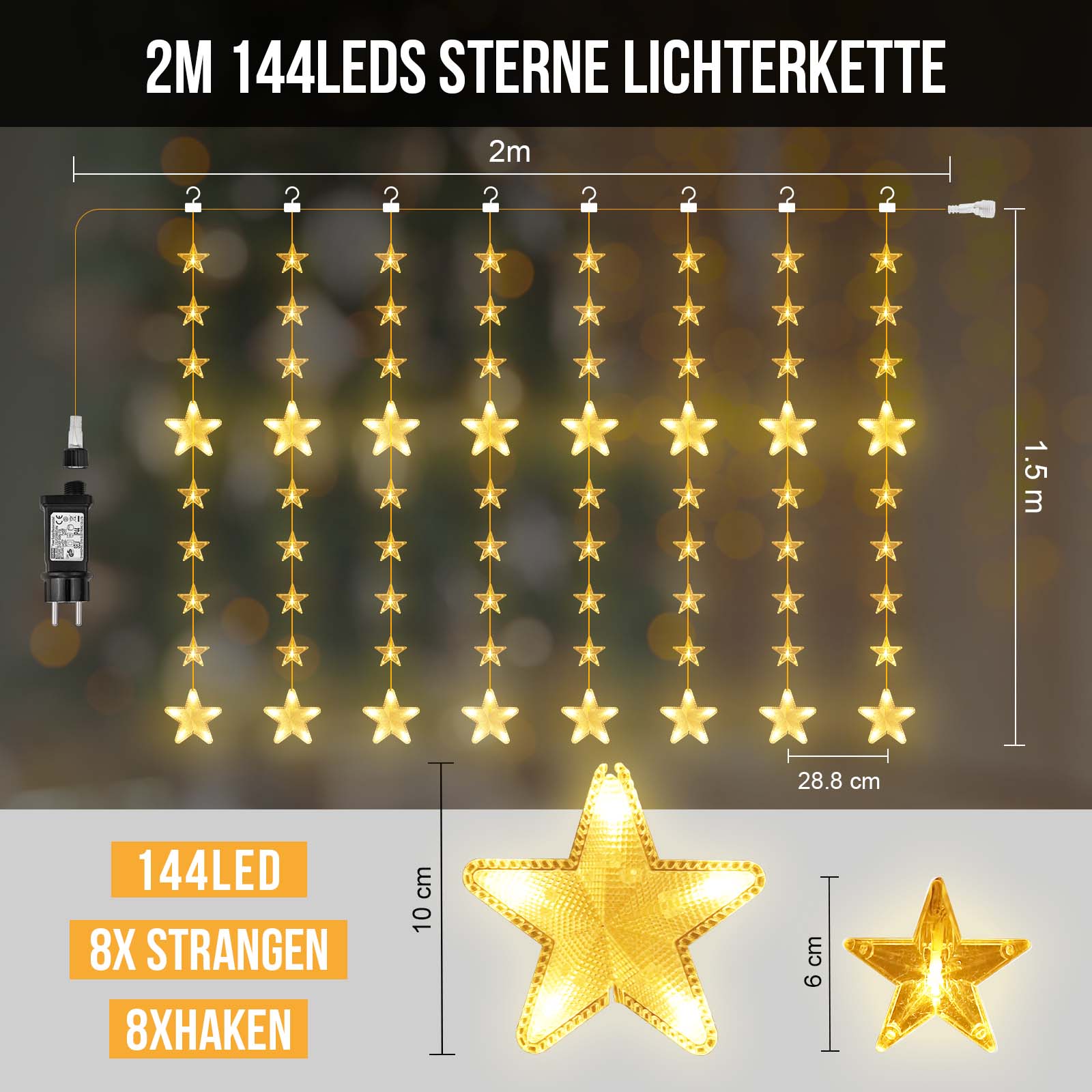 Sterne Lichterkette 2 m, 144 LEDs, Warmweiß, 8 Modi, Timer, IP44, für Innen & Außen