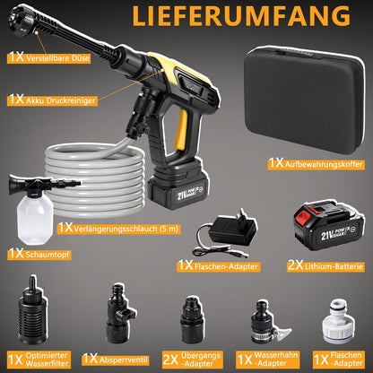 Tragbarer Akku Hochdruckreiniger 45 bar – Kabelloser 300W Wascher mit 6 - in - 1 Sprühdüse, Schaumkessel & 5m Schlauch für Auto und Outdoor