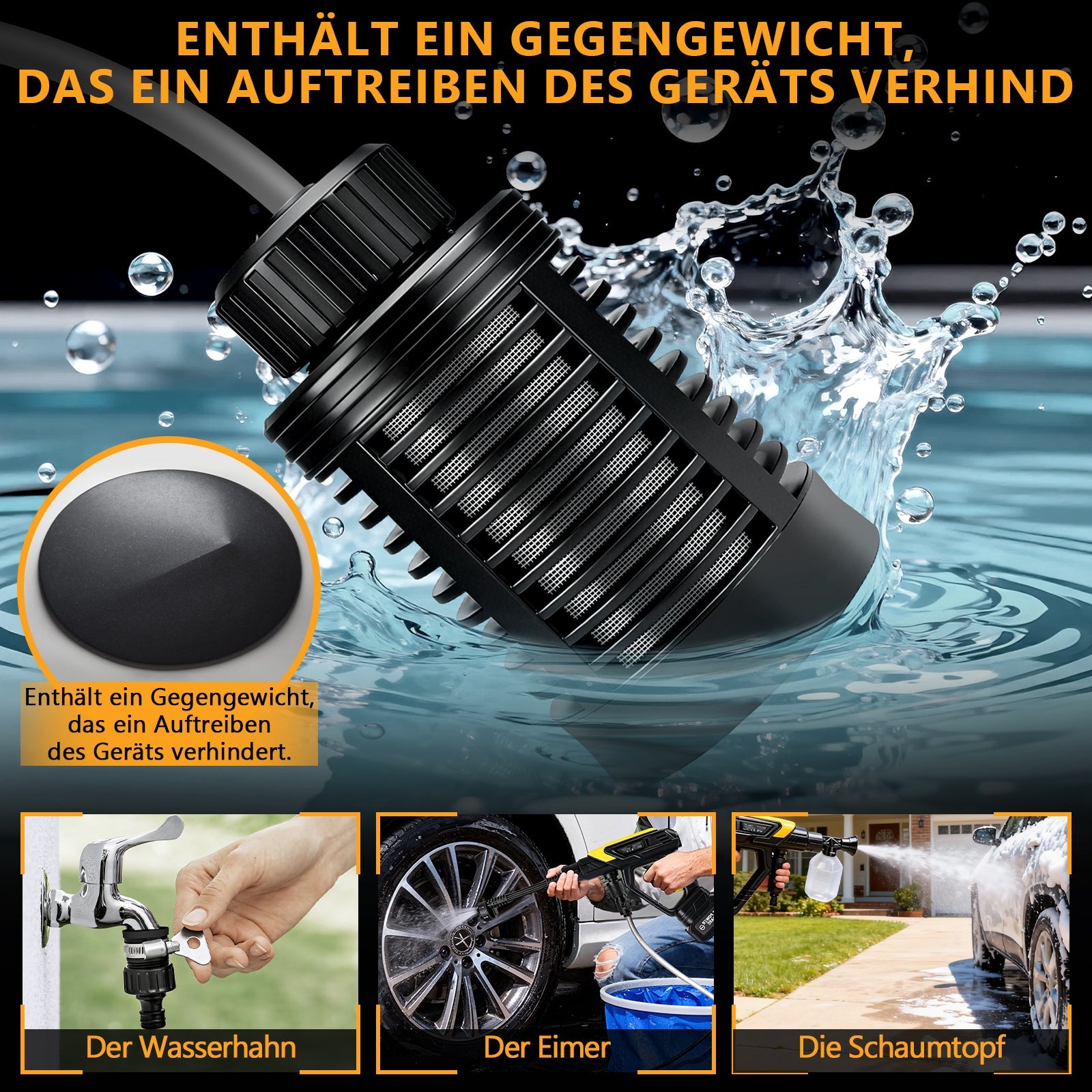 Tragbarer Akku Hochdruckreiniger 45 bar – Kabelloser 300W Wascher mit 6 - in - 1 Sprühdüse, Schaumkessel & 5m Schlauch für Auto und Outdoor