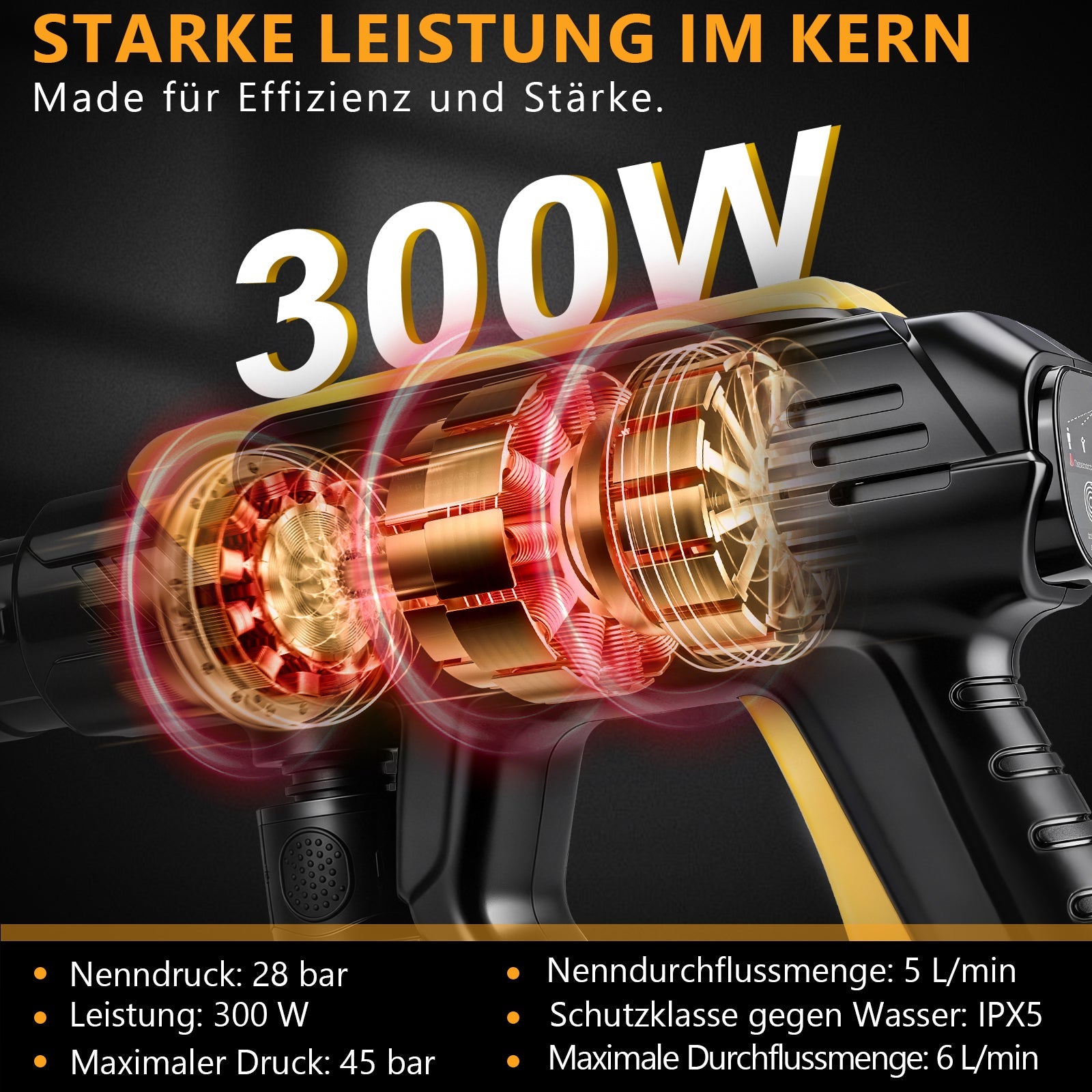 Tragbarer Akku Hochdruckreiniger 45 bar – Kabelloser 300W Wascher mit 6 - in - 1 Sprühdüse, Schaumkessel & 5m Schlauch für Auto und Outdoor