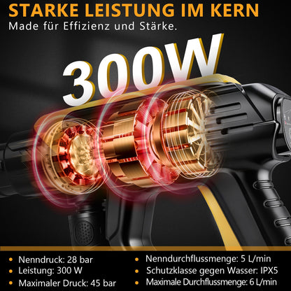 Tragbarer Akku Hochdruckreiniger 45 bar – Kabelloser 300W Wascher mit 6 - in - 1 Sprühdüse, Schaumkessel & 5m Schlauch für Auto und Outdoor
