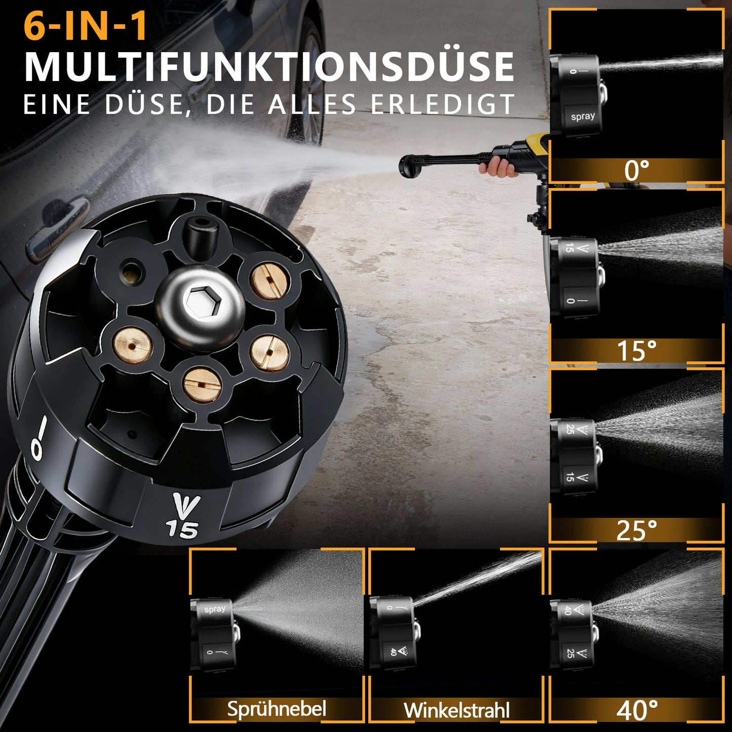 Tragbarer Akku Hochdruckreiniger 45 bar – Kabelloser 300W Wascher mit 6 - in - 1 Sprühdüse, Schaumkessel & 5m Schlauch für Auto und Outdoor