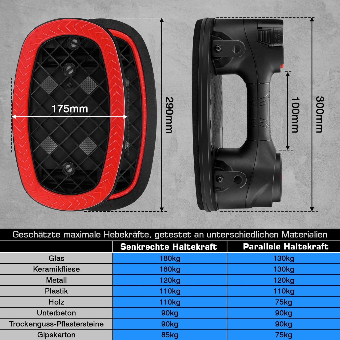Tragbares elektrisches Vakuum - Hebegerät mit 2 Akkus – kabelloser Saugheber für Glas, Fliesen, Stein & Metall, 240 kg Tragkraft