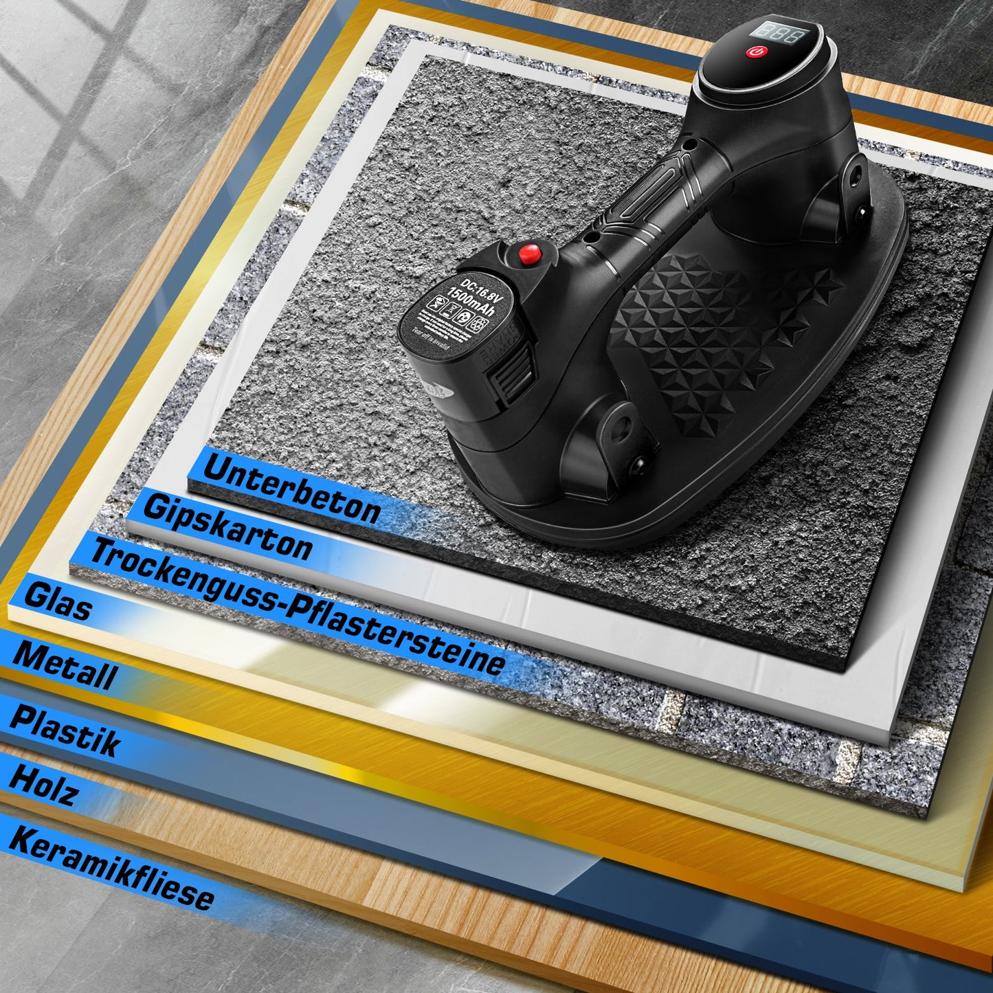 Tragbares elektrisches Vakuum - Hebegerät mit 2 Akkus – kabelloser Saugheber für Glas, Fliesen, Stein & Metall, 240 kg Tragkraft
