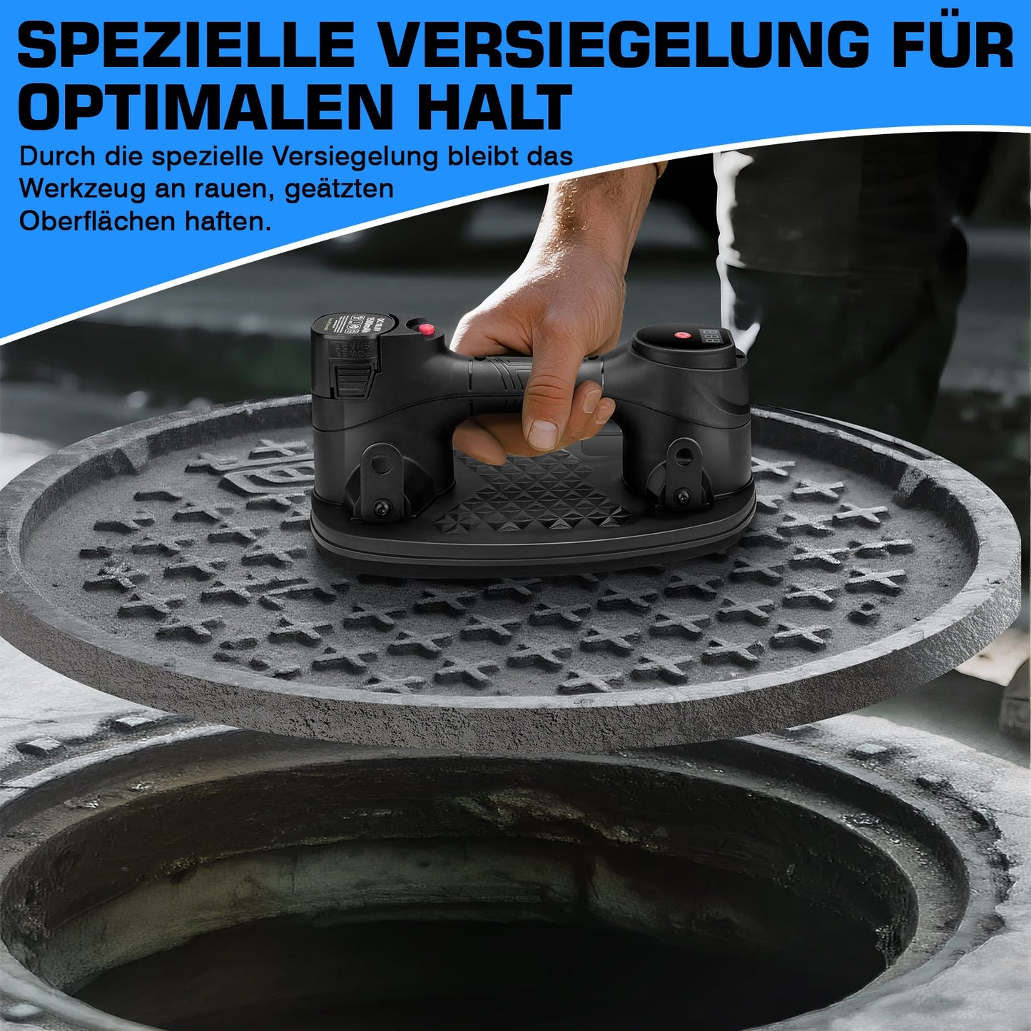 Tragbares elektrisches Vakuum - Hebegerät mit 2 Akkus – kabelloser Saugheber für Glas, Fliesen, Stein & Metall, 240 kg Tragkraft