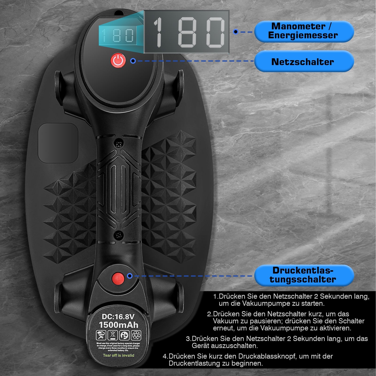 Tragbares elektrisches Vakuum - Hebegerät mit 2 Akkus – kabelloser Saugheber für Glas, Fliesen, Stein & Metall, 240 kg Tragkraft