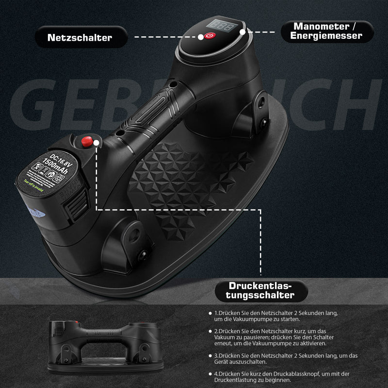 Vakuum - Saugheber‌ Elektrischer Akku 240kg | Automatische Druckregulierung‌ ‌Professioneller Plattenheber für Feinsteinzeug Terrassenplatten&Glas