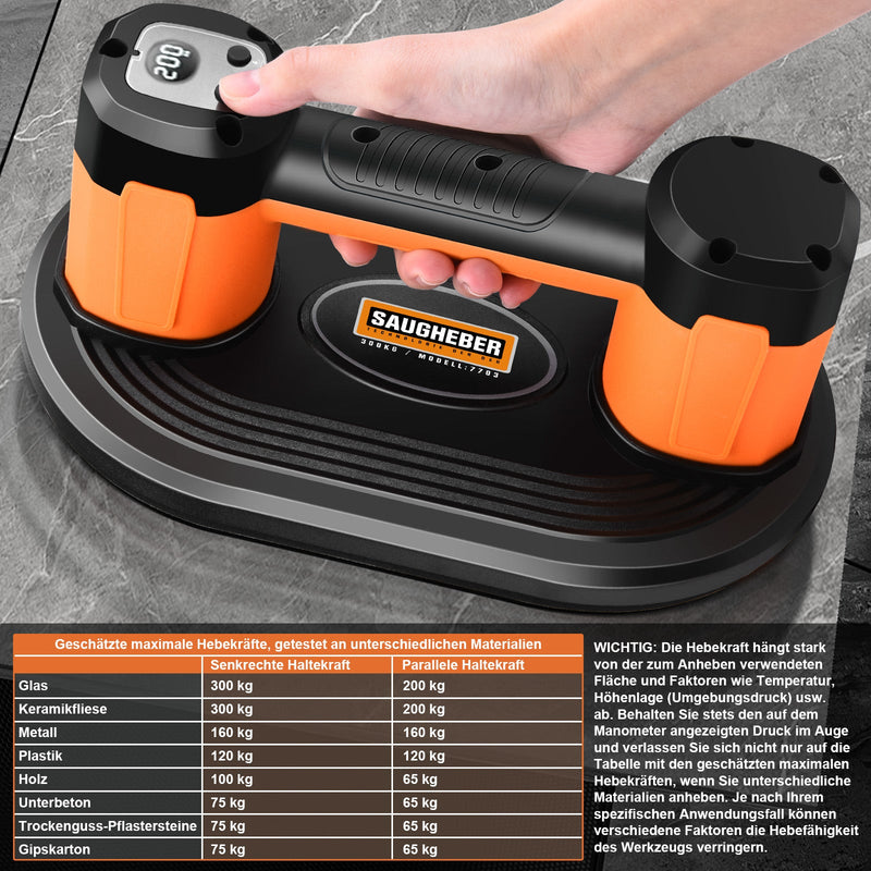 Vakuum - Saugheber‌ Elektrischer Akku 300kg | Automatische Druckregulierung‌ ‌Professioneller Plattenheber für Feinsteinzeug Terrassenplatten&Glas