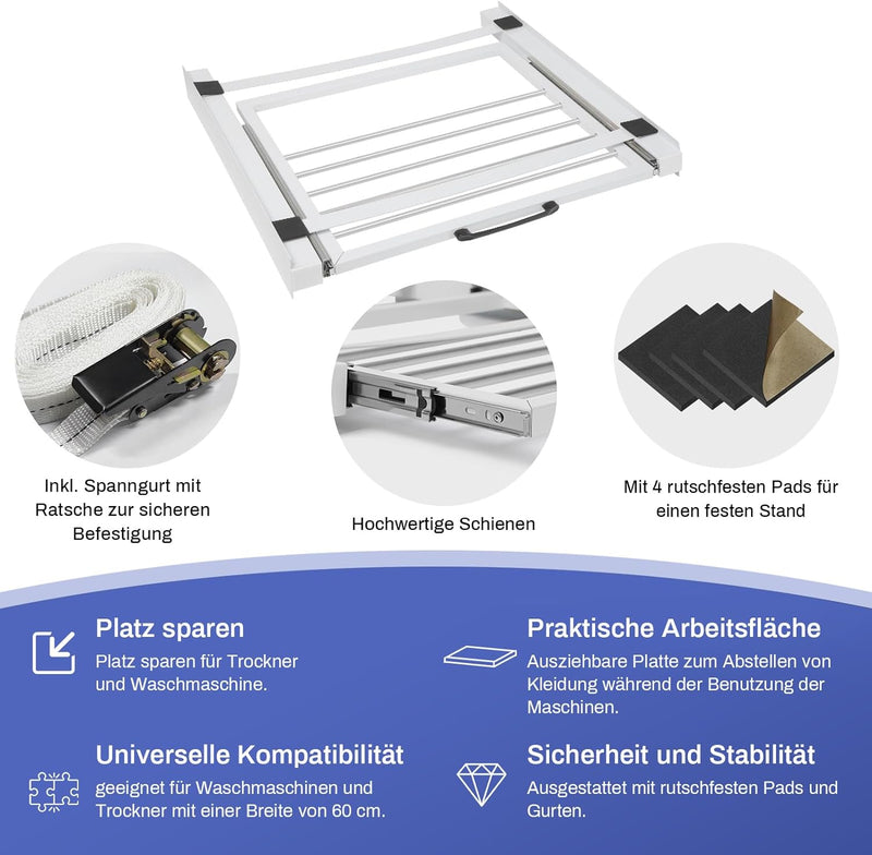 Verbindungsrahmen mit Ausziehbarer Handtuchhalter 61x55cm Max.100kg Waschmaschine Trockner